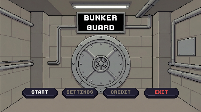 Bunker Guard Main Menu — Pixel art bunker with vault door